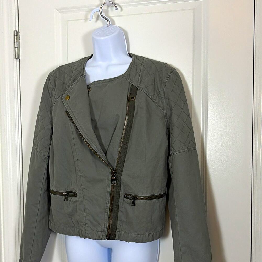 Gap Women's Green Quilted Moto Jacket Zip Snap Pockets Biker Size 12
